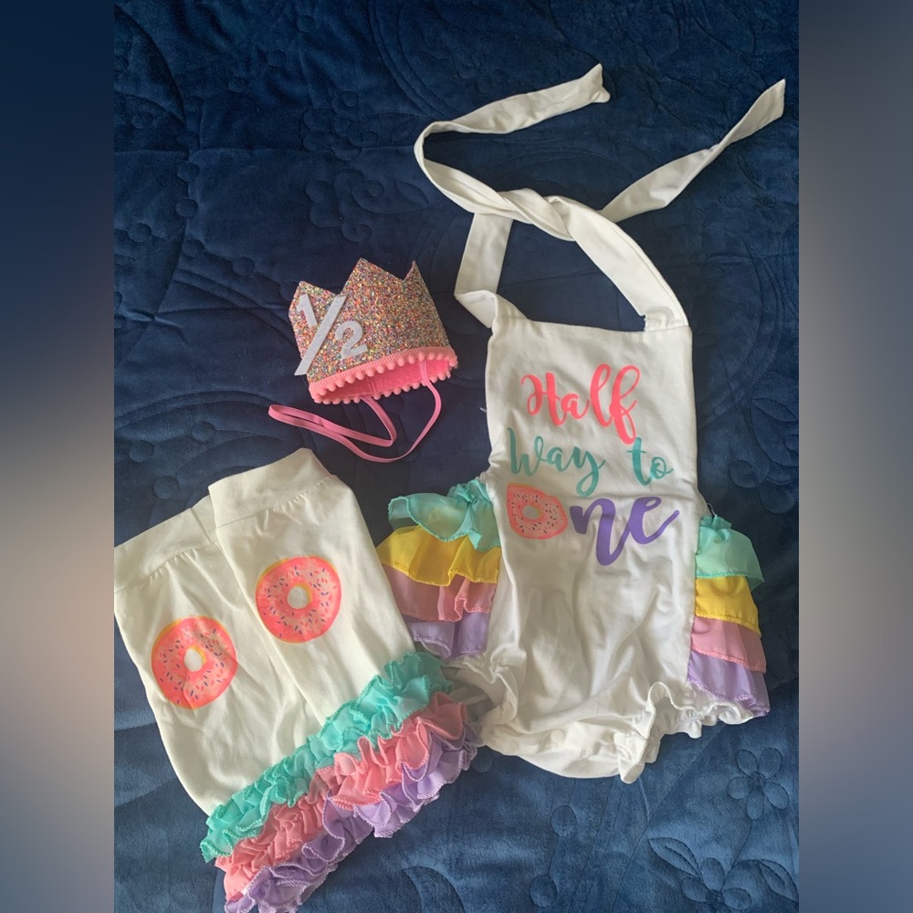 Halfway to One baby donut white ruffle outfit with leggings and sparkly crown